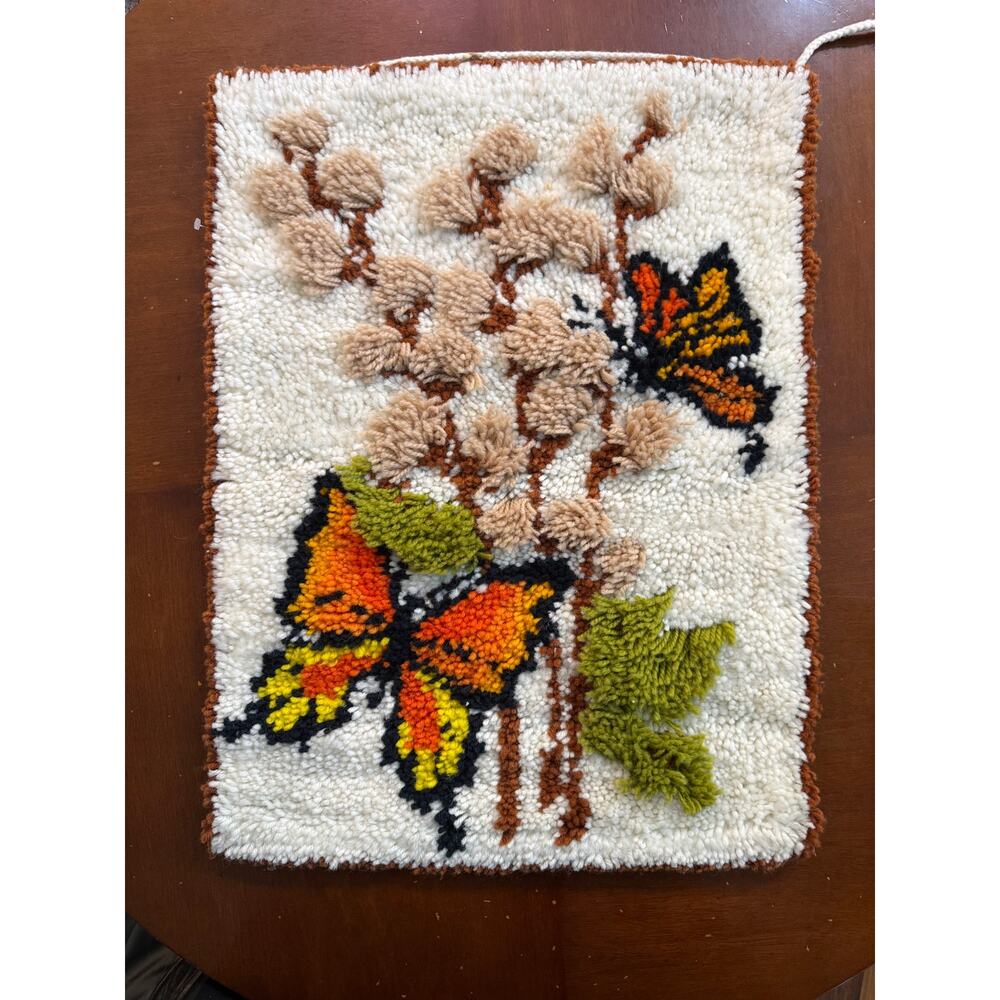 Butterfly Latch Hook Rug Vintage 1970's Wall Hanging Yarn Art